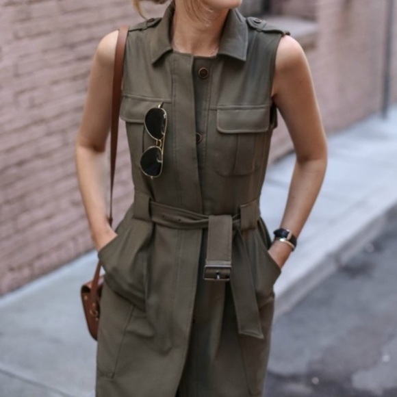 Olivia Palermo Chelsea28 Long Military Olive Green Vest Dress Medium - Picture 2 of 10